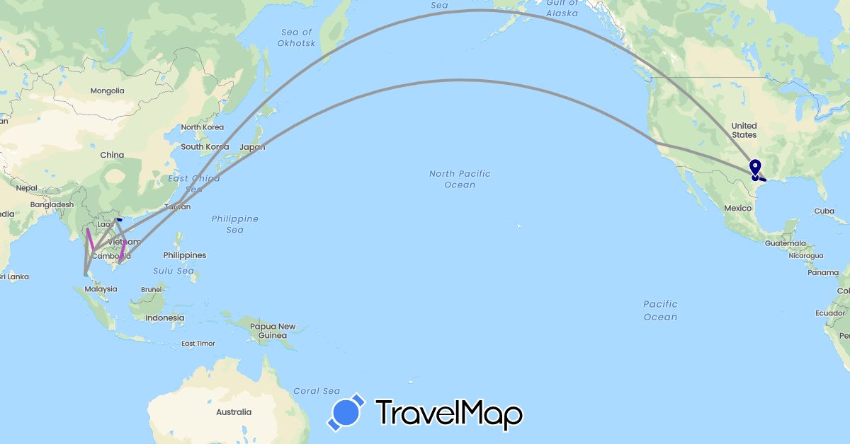 TravelMap itinerary: driving, bus, plane, train, boat in Japan, Thailand, Taiwan, United States, Vietnam (Asia, North America)